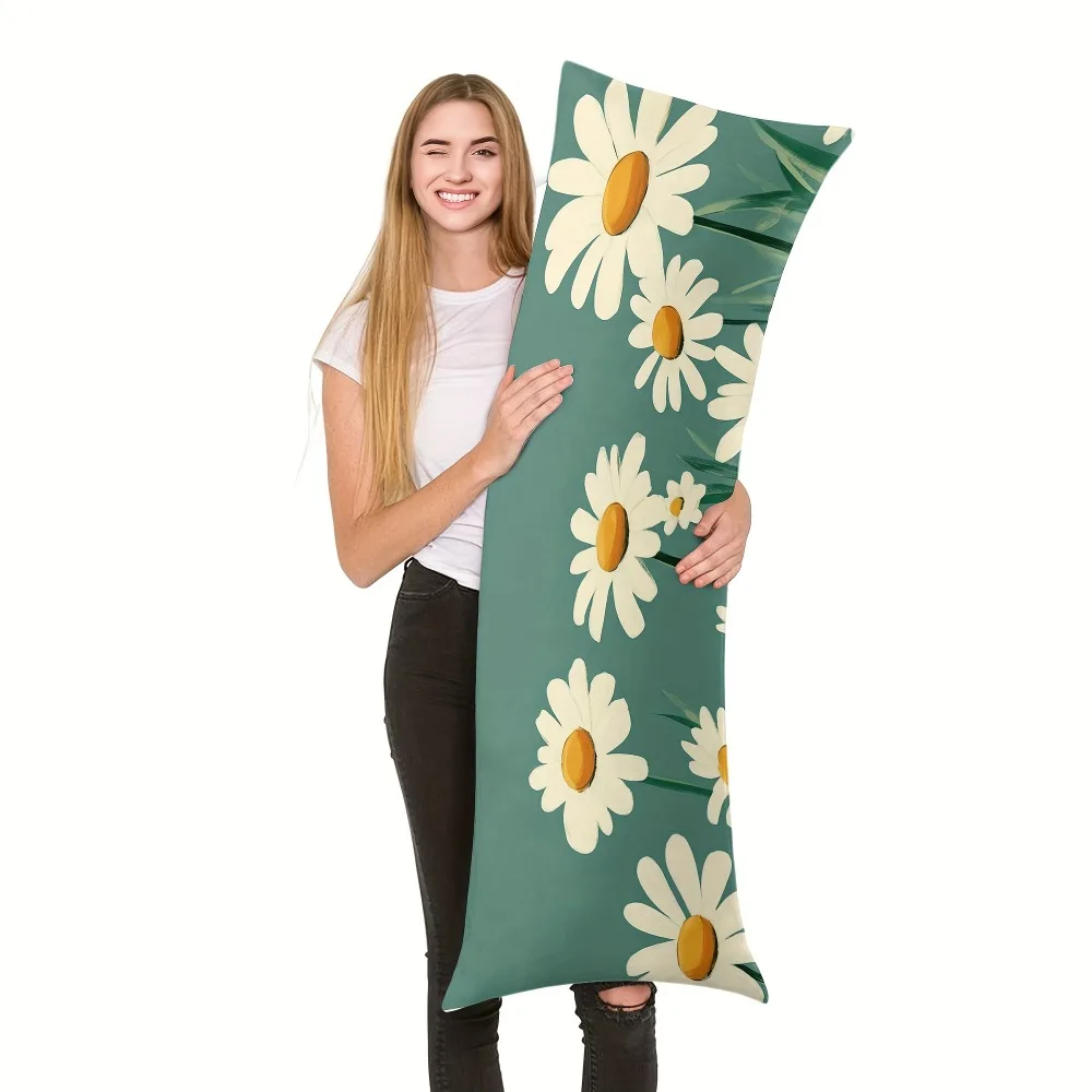 1pc Daisy Print Long Pillowcase | Double-Sided Green Floral Design, Machine Washable with Zipper, Ideal for Bedroom, Travel, Hom