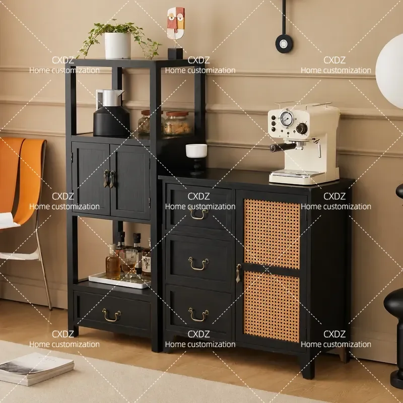 Black Solid Wood Side Cabinet with Rattan Storage Antique Style Dining Corner Cupboard Small Living Room Display Chest