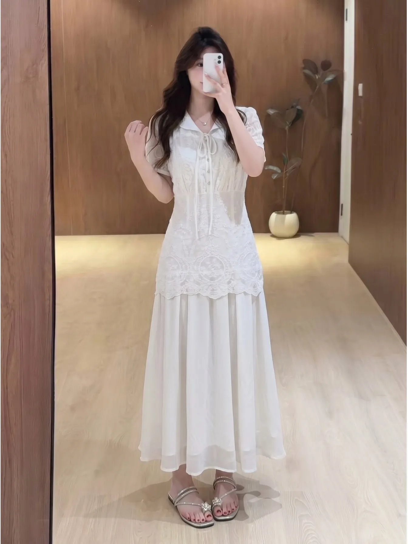 

plus Size Women's Summer New Style Floral Embroidery Short Sleeve Navy Collar Dress Waist Cinching Long Dress Commute Fashion