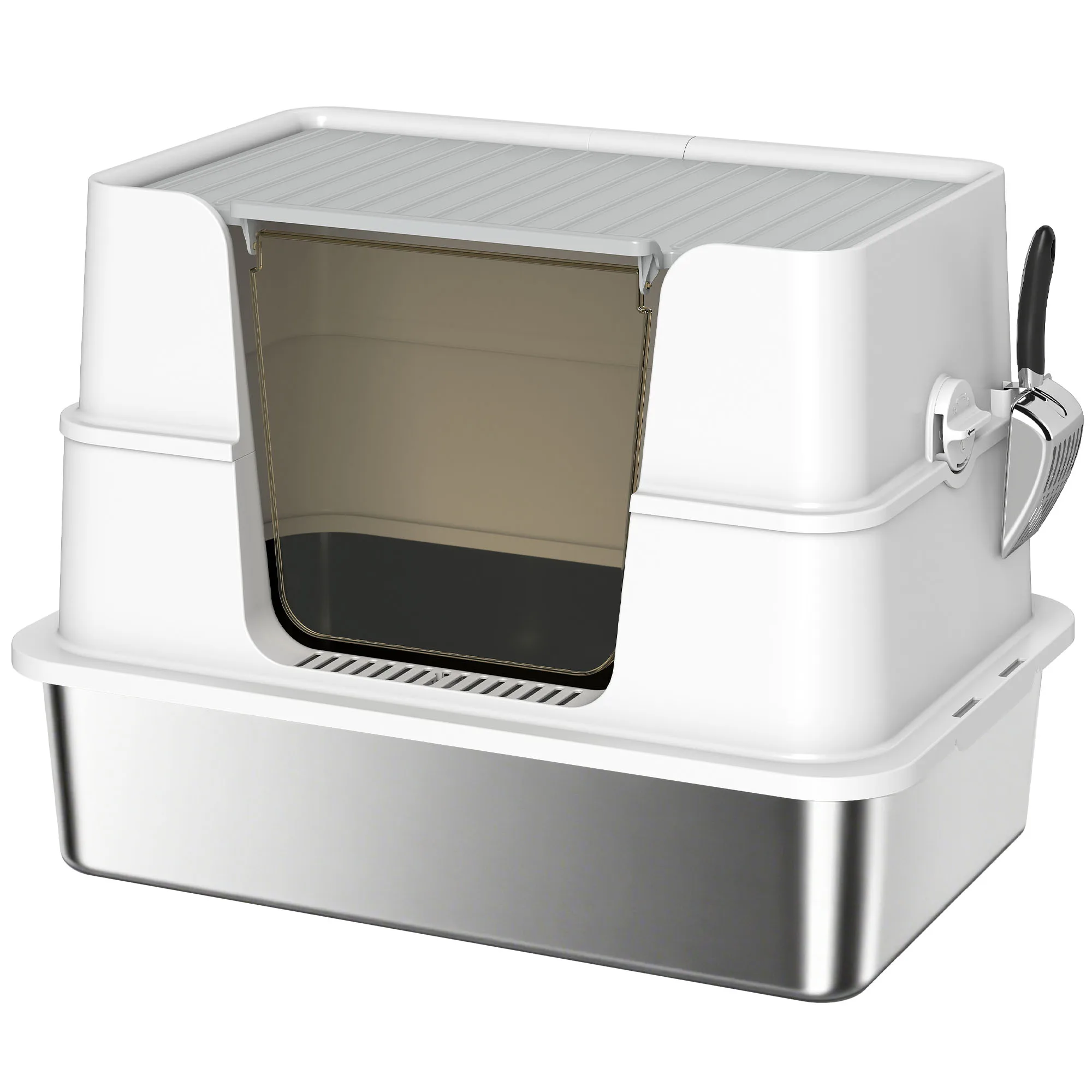 Stainless steel cat litter box,transparent lid of cat litter box,with spoon,holds weight 15kg,60.2 x 40.2 x 44.5 cm, light gray