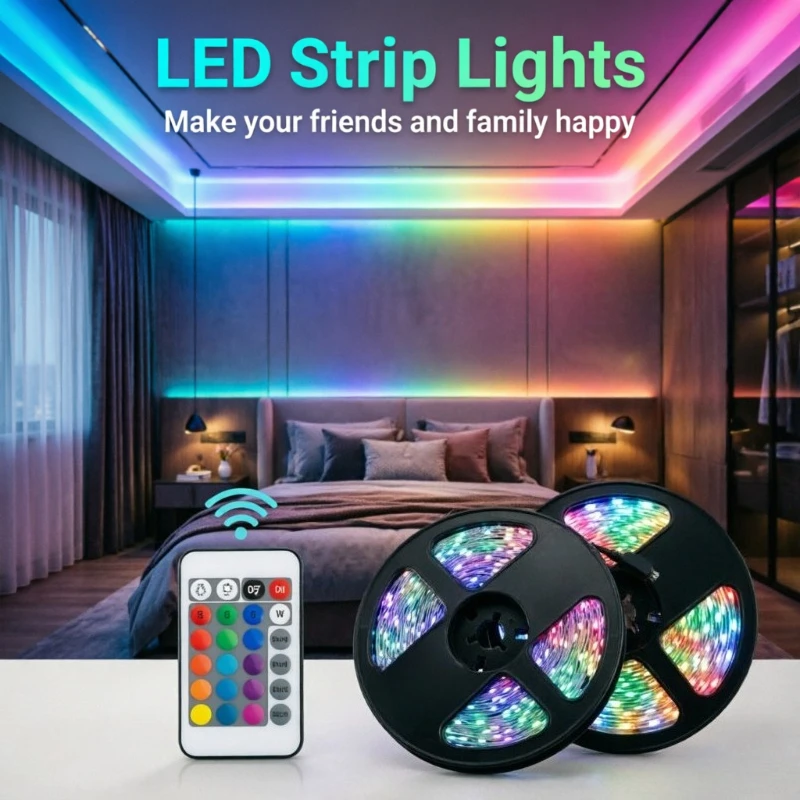 USB RGB 5050 LED Strip Lights, 24-Key Remote Color Changing, 1m–40m Self-Adhesive Tape, for Bedroom Kitchen TV Backlight