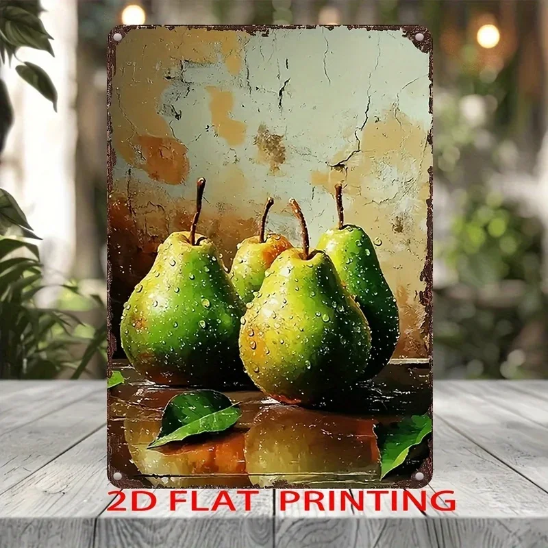 2D Flat, 1pc Vintage Green Pears Metal Tin Sign - Rustic Farmhouse Kitchen Decor with Realistic Fruit Art - UV Printed Retro