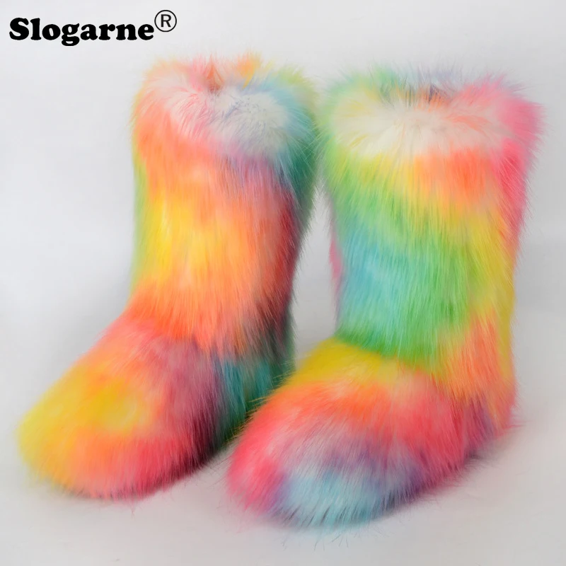 Women\'s Winter Colourful Fox Fur Snow Boots Outdoor Luxury Furry Faux Fur Boots Female Plush Warm Bottes Woman Fashion Fur Shoes