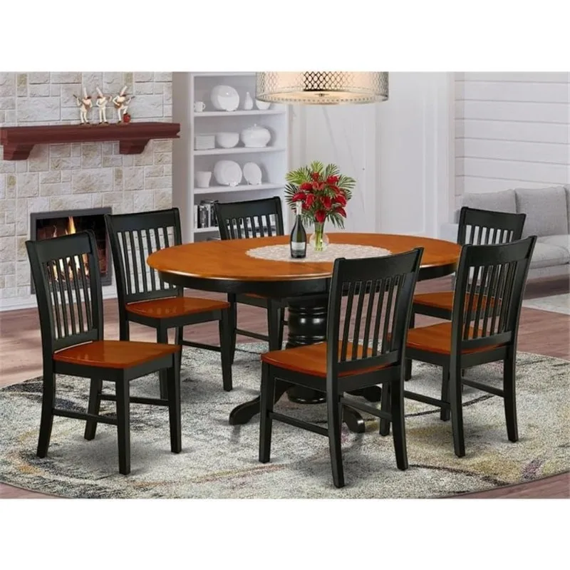 7 Piece Dining Room Furniture Set Consist of an Oval Kitchen Table with Butterfly Leaf and 6 Dining Chairs, 42x60 Inch