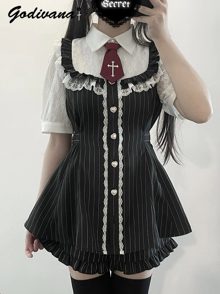 

2025 New Summer Japanese Mine Mass-produced Top and Shorts Set Sweet Girl Women's Lace Short-sleeved Slim Shirt Dress Shorts
