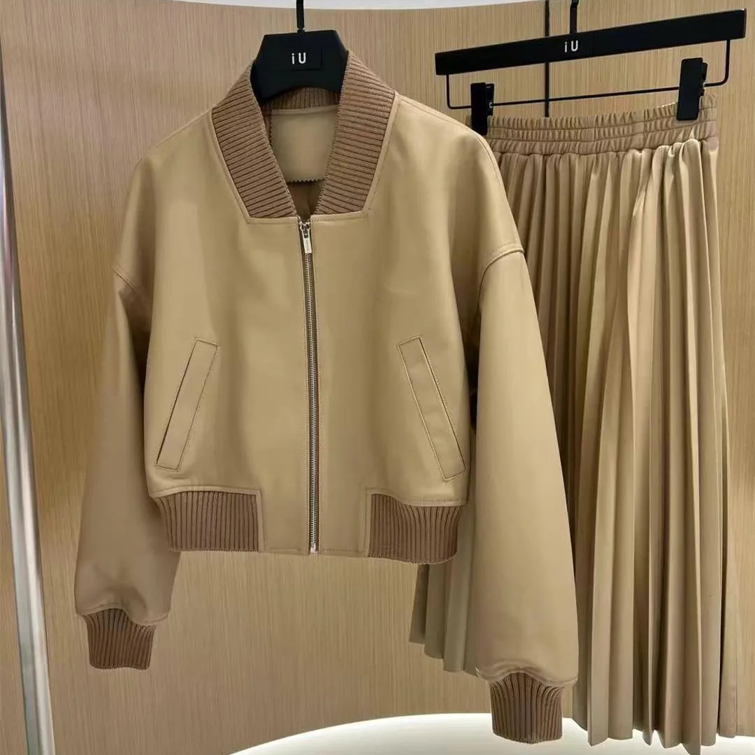 Nuova Giacca in Vera Pelle da Donna 2026, Moda Streetwear, Ampia con Spalle Scese, Colletto Alto, Corta, Casual, in Pelle di Pecora