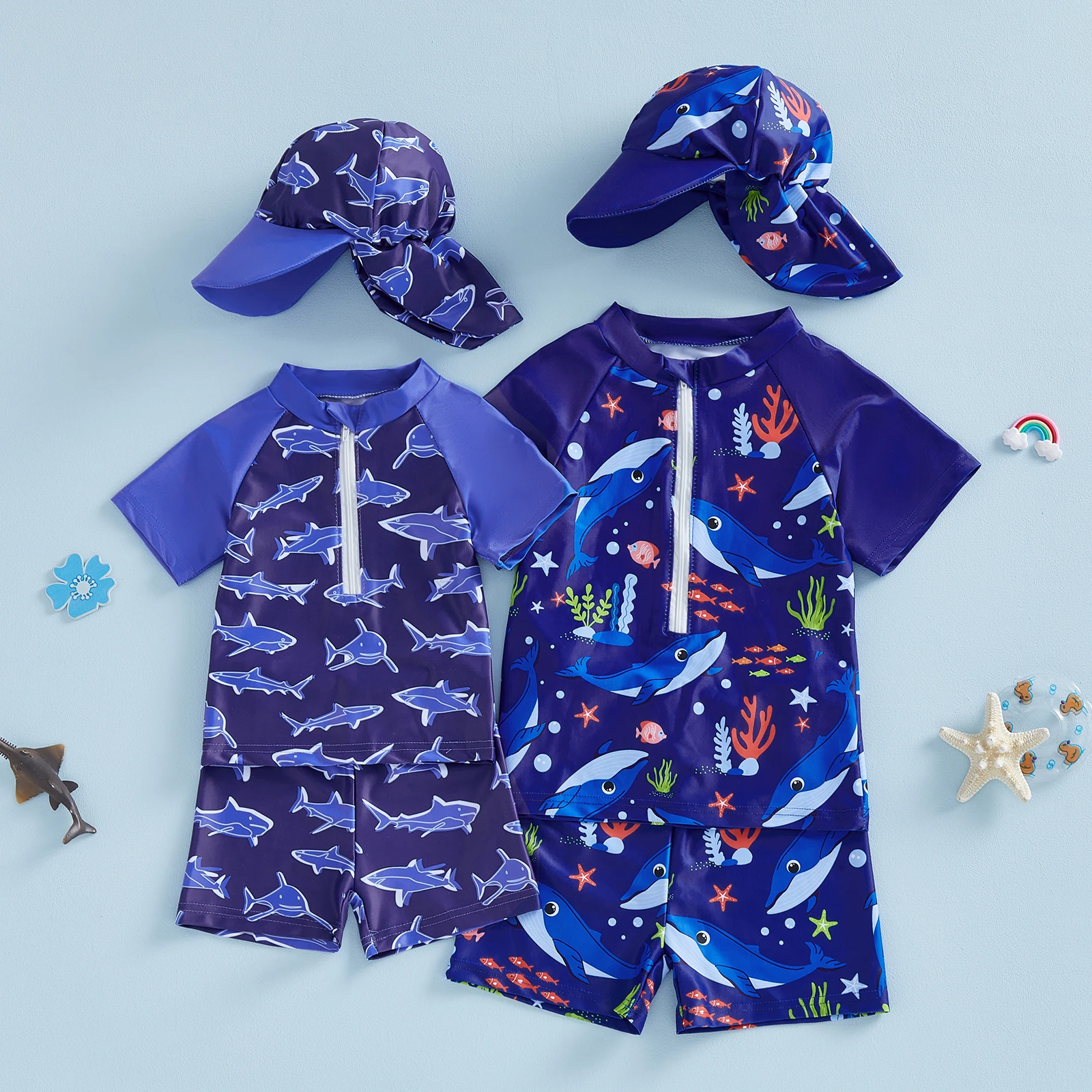 Summer Kids Toddler Baby Boy Rash Guard Swimsuit Shorts Hat Set Print Zipper Short Sleeve Swimwears Clothes