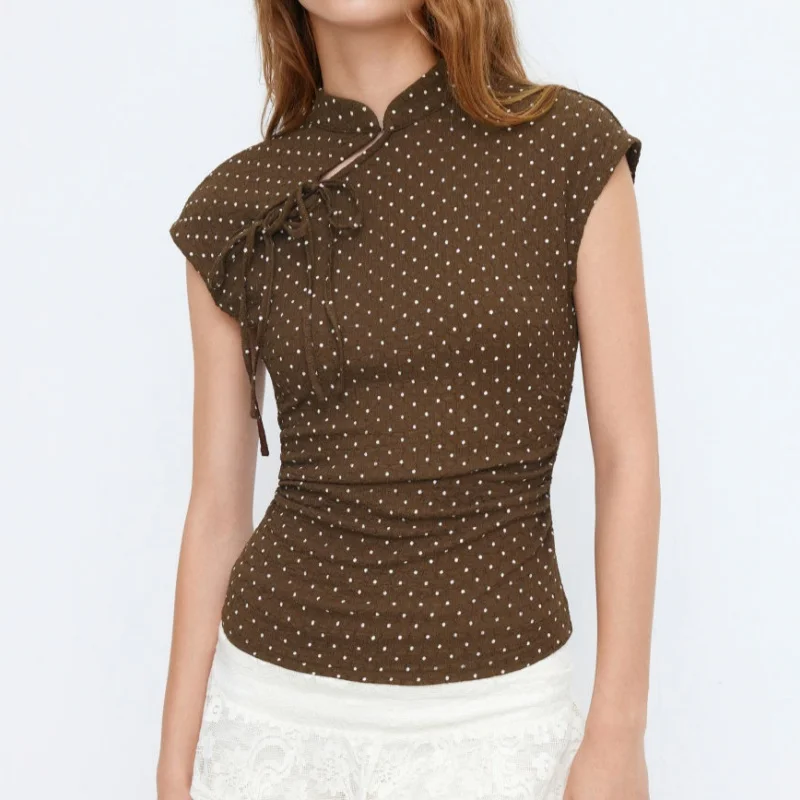 Women Vintage Chinese T-Shirt Cute Dotted Tie up Ruched Short Sleeves Cheongsam Tops for Streetwear