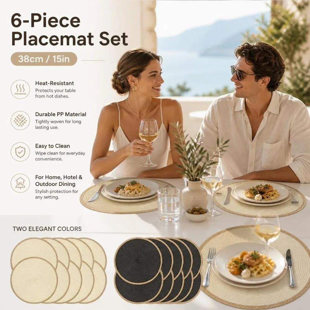 6pcs/set Bohemia Round Woven Placemats 15in Non Slip Boho Braided Table Mats Washable Heat Resistant Woven Dish Mats Coffee Cups