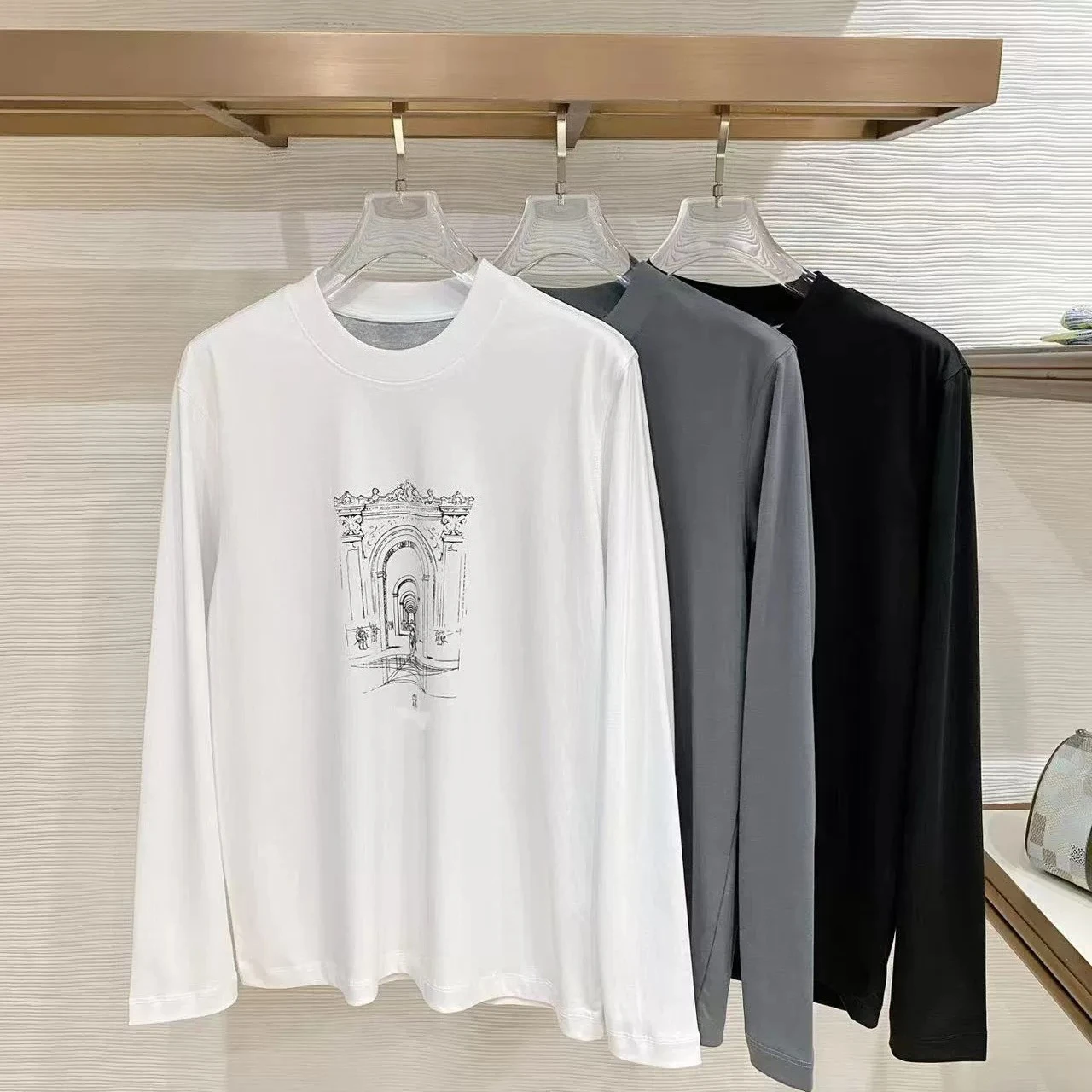 Italy BC Printed Old Money Style Men's Liquid Ammonia Mercerized Cotton Crew Neck Long Sleeve T-Shirt