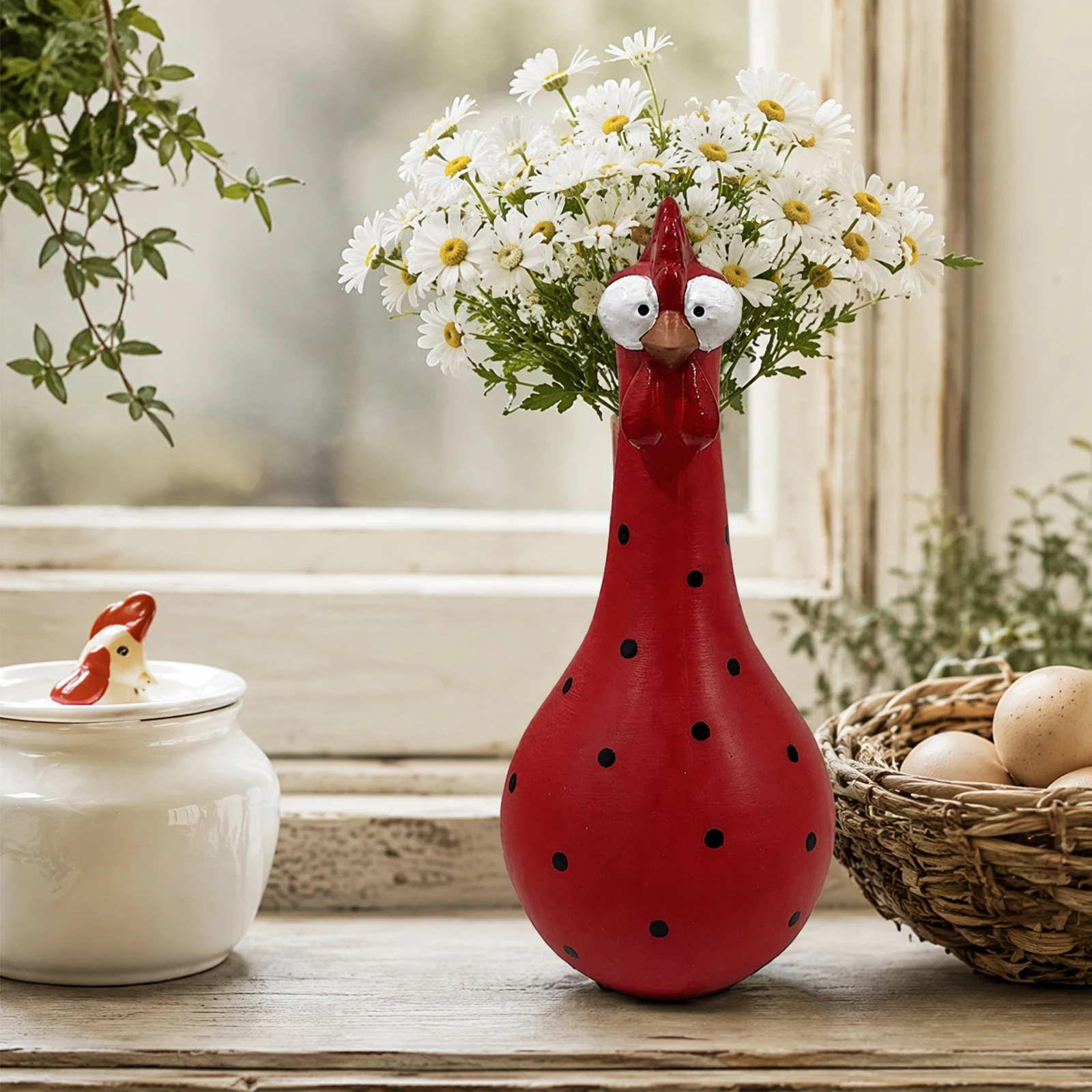 Long-Necked Chick Vase with Colorful Polka Dots Resin Art Rooster Sculpture Decors Long Neck Chicken Vase for Home Desktop