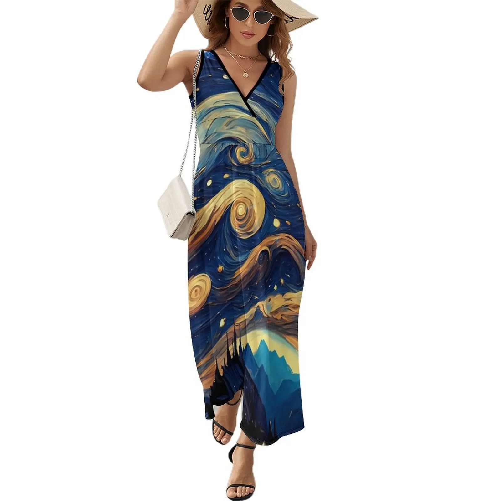 Starry Night Print Dress Vincent Van Gogh Vintage Maxi Dress V Neck Boho Beach Long Dresses Street Style Big Size Vestido