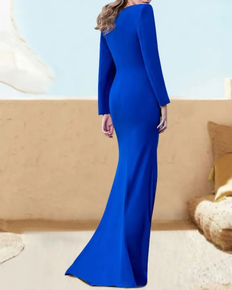 Mermaid Royal Blue Engagement Evening Dress 2023 Elegant V Neck Long Sleeve Satin Formal Prom Gowns Vestidos De Noiva