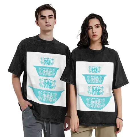 Vintage Pyrex Butterprint Turquoise Nesting Bowls Short Sleeve T-Shirts Washed Tops Tees Streetwear T Shirt for Men woman