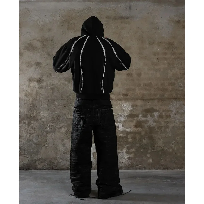 الثقيلة الربط مخطط قلنسوة بسحاب الشارع Harajuku الهيب هوب الرجعية الرجال والنساء الخريف والشتاء سميكة Y2k هوديي