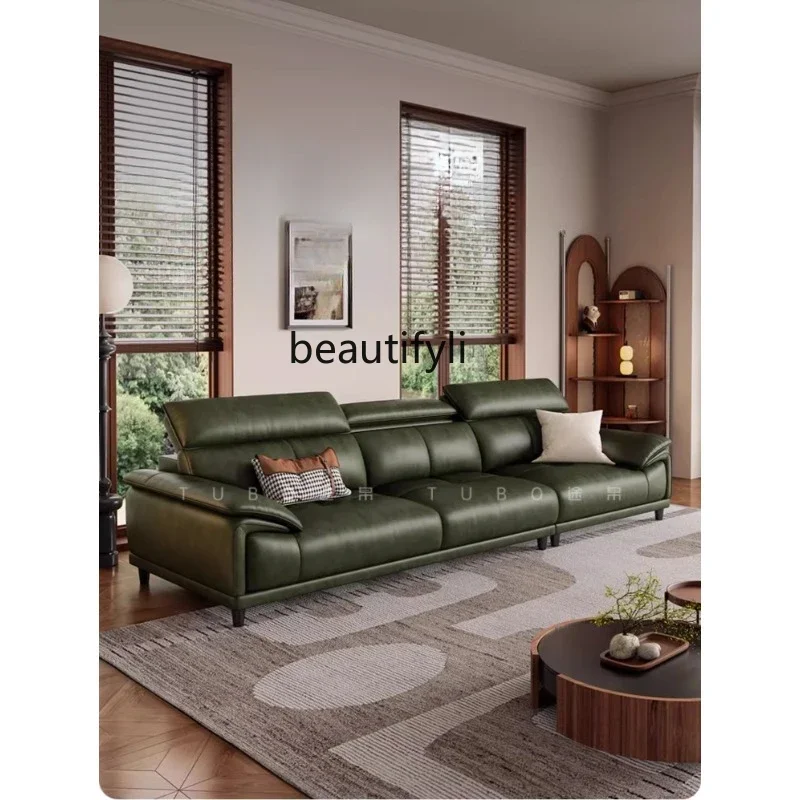 

A48 Leather sofa antique living room straight row adjustable headrest oil wax first layer cowhide