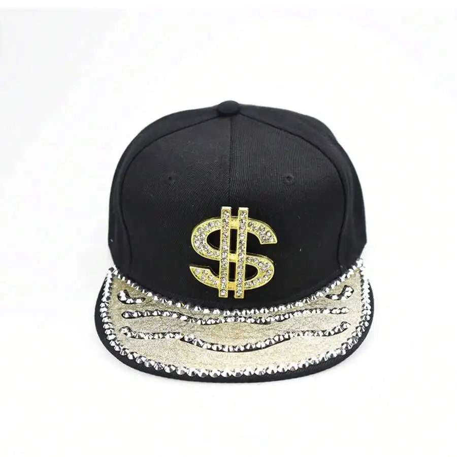 

Hip Hop Snapback Cap With Rhinestone Dollar Sign Embellishment Unisex Streetwear Hat