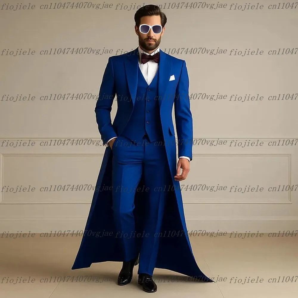 

Новый королевский синий длинный пиджак, мужской костюм, официальная свадебная вечеринка, жених, жених, деловые мужские смокинги, комплект из 3 предметов, пиджак, жилет, брюки