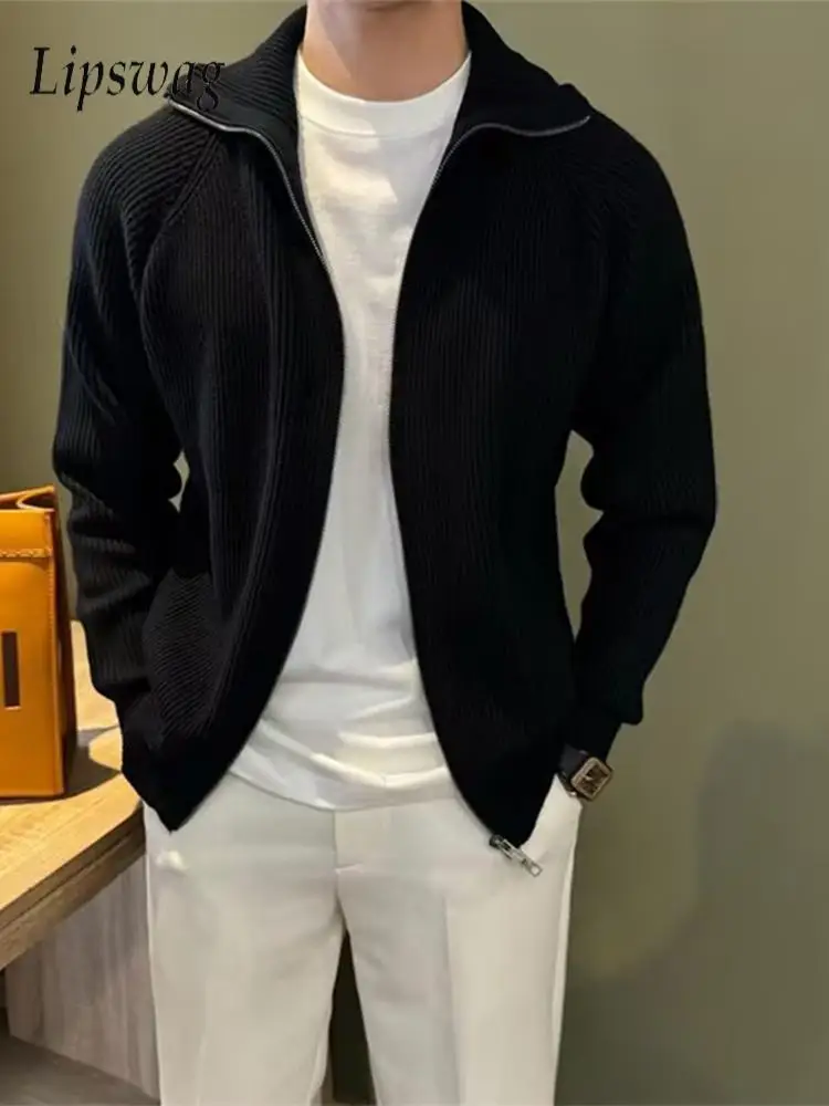 Old Money Style Knit Coats Mens Fashion Solid Color Stand Collar Outerwear Fall Warm Loose Ribbed Knitting Long Sleeve Cardigan