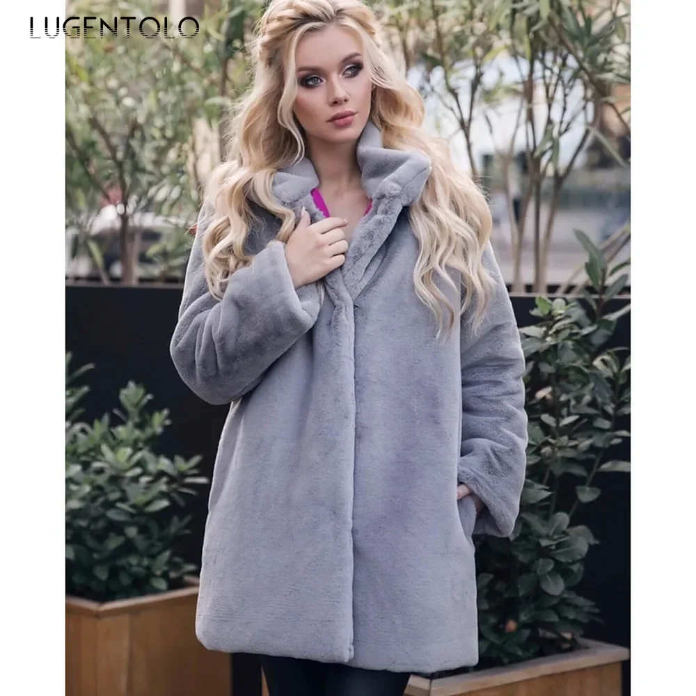 Women Faux Fur Winter Coat Warm Simple Solid Comfort Jacket Lady Casual Loose New Fahsion Street Quality 2023 Cloth Lugentolo