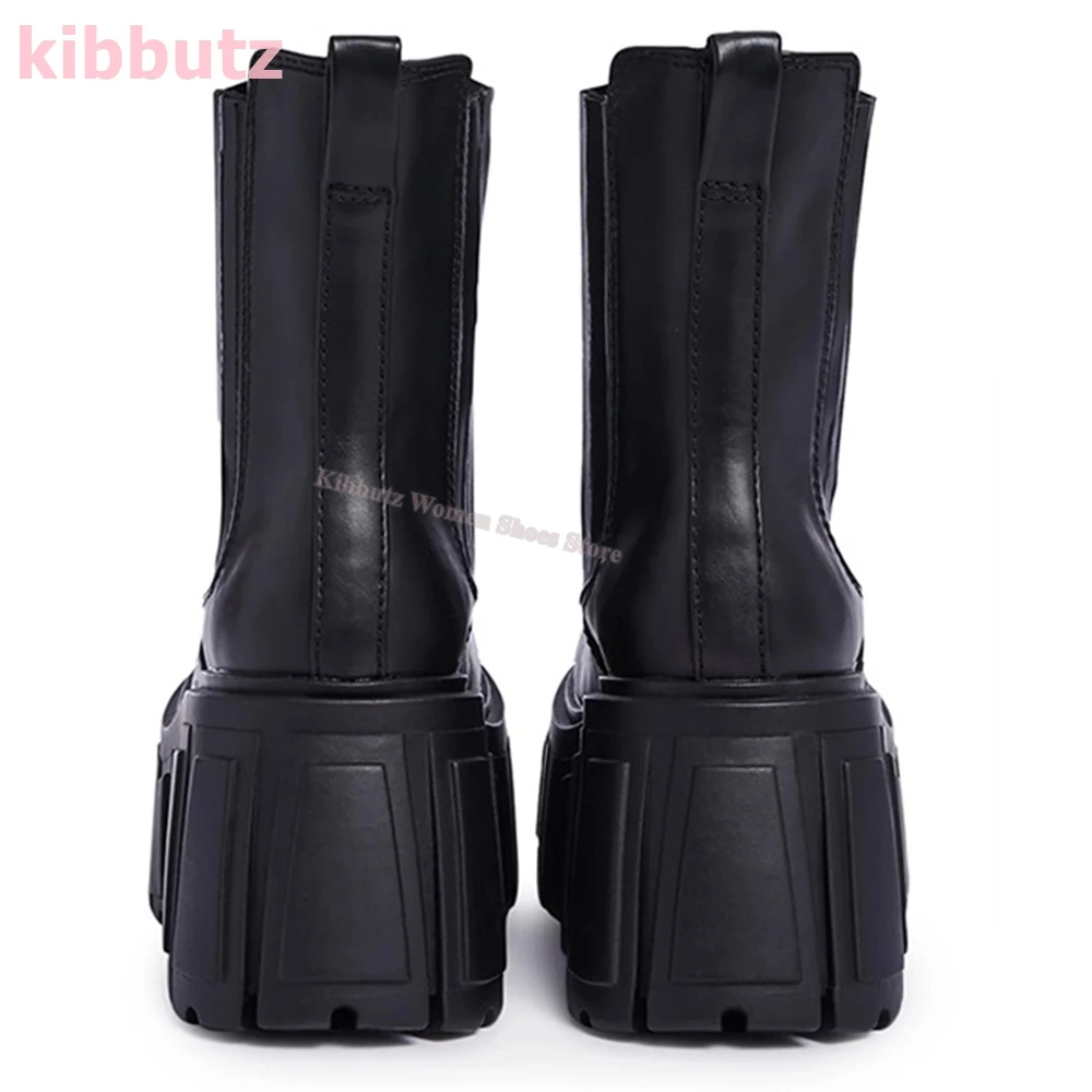 Thick Bottom Motorcycle Ankle Boots Round Toe Genuine Leather Solid Color Black Slip-On Fashion Elegant Concise Women Shoes New