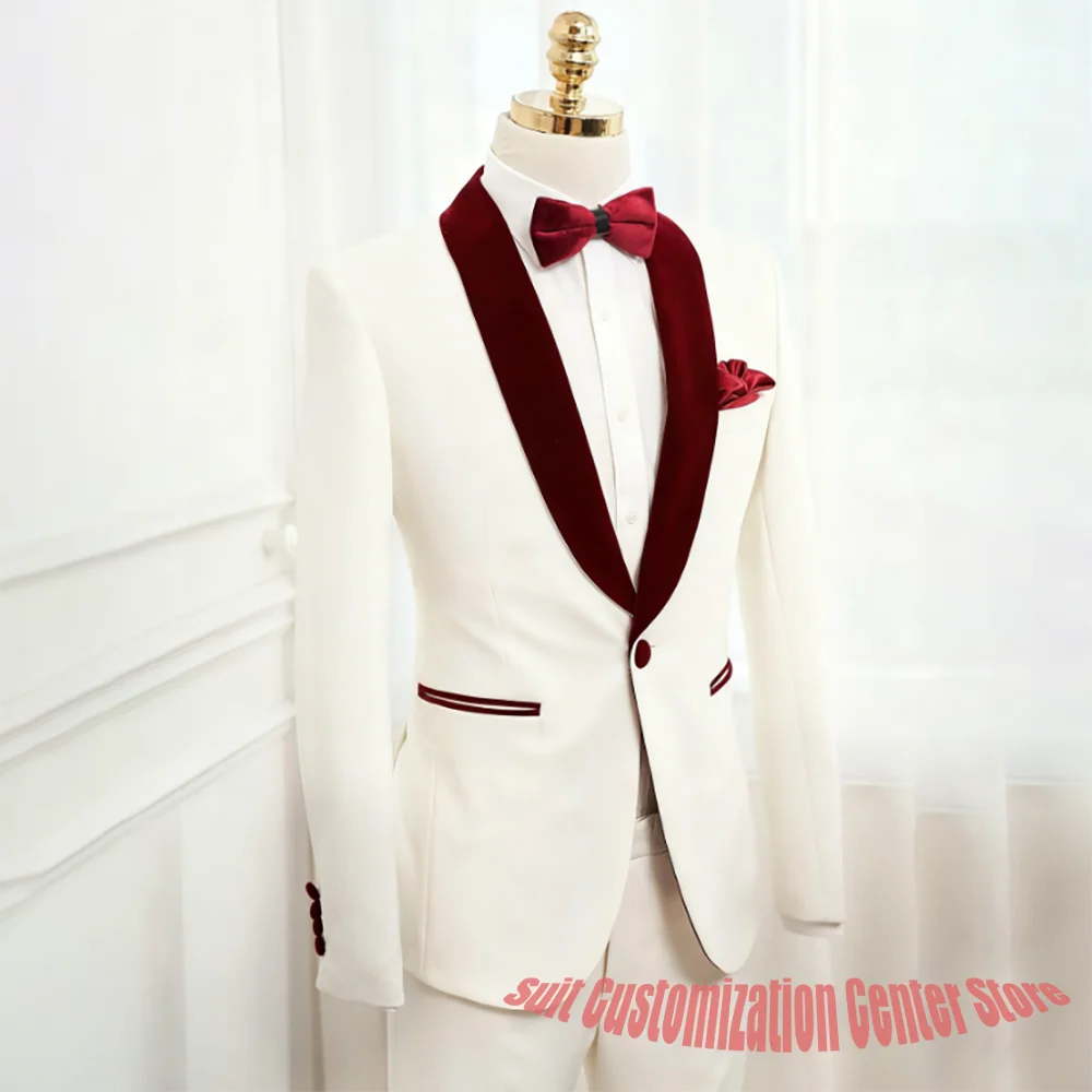 

Elegant Suit for Men Male 2Piece Set Slim Fit Single Button Blazer with Burgundy Shawl Lapel Formal Wedding Evening Party Tuxedo