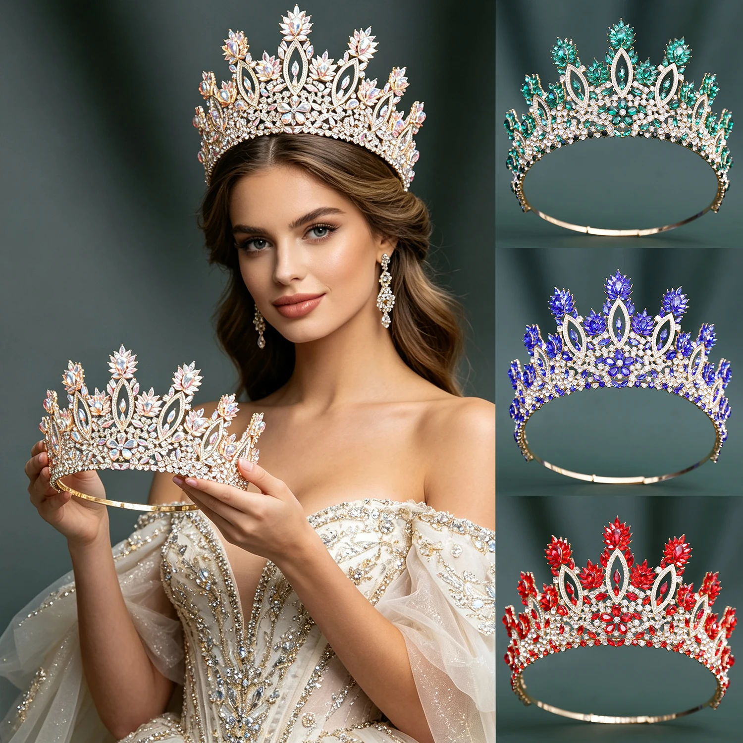Large Queen Flower Crystal Bridal Hair Crown Diadem Pageant Miss World Bride Wedding Dress Headdress Hair Jewelry Accessory