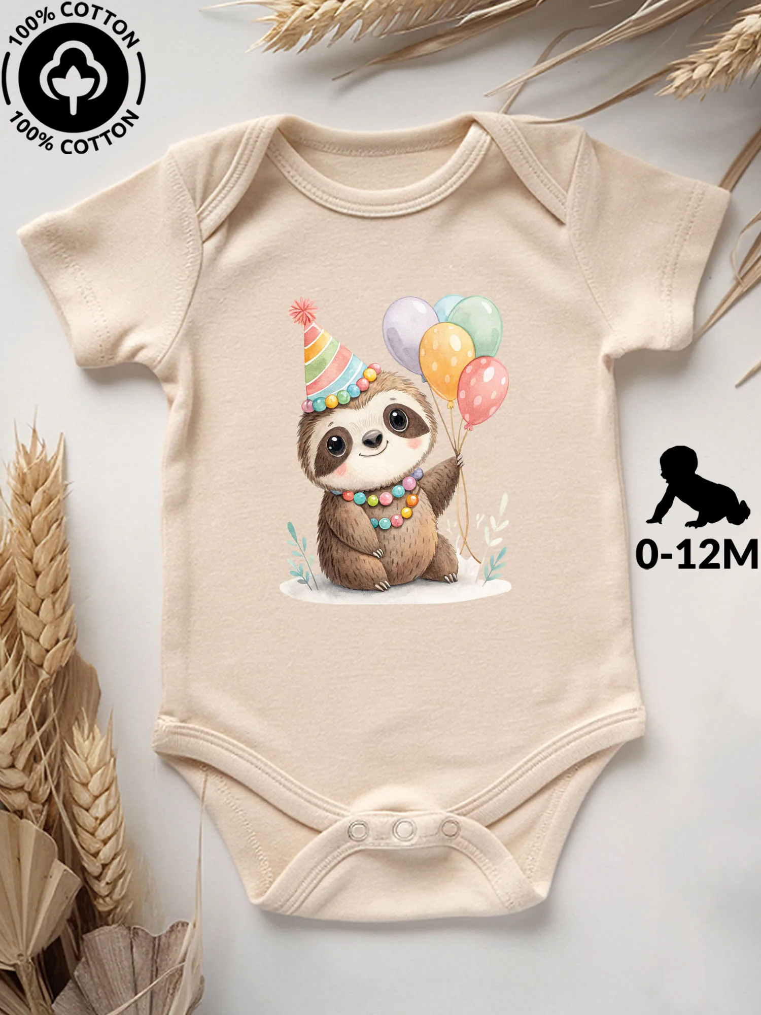 

Lovely Birthday Sloth Unisex Baby Bodysuit, 100% Cotton Soft Onesie, All-Season Wear Beige Crawling Suit 190GSM