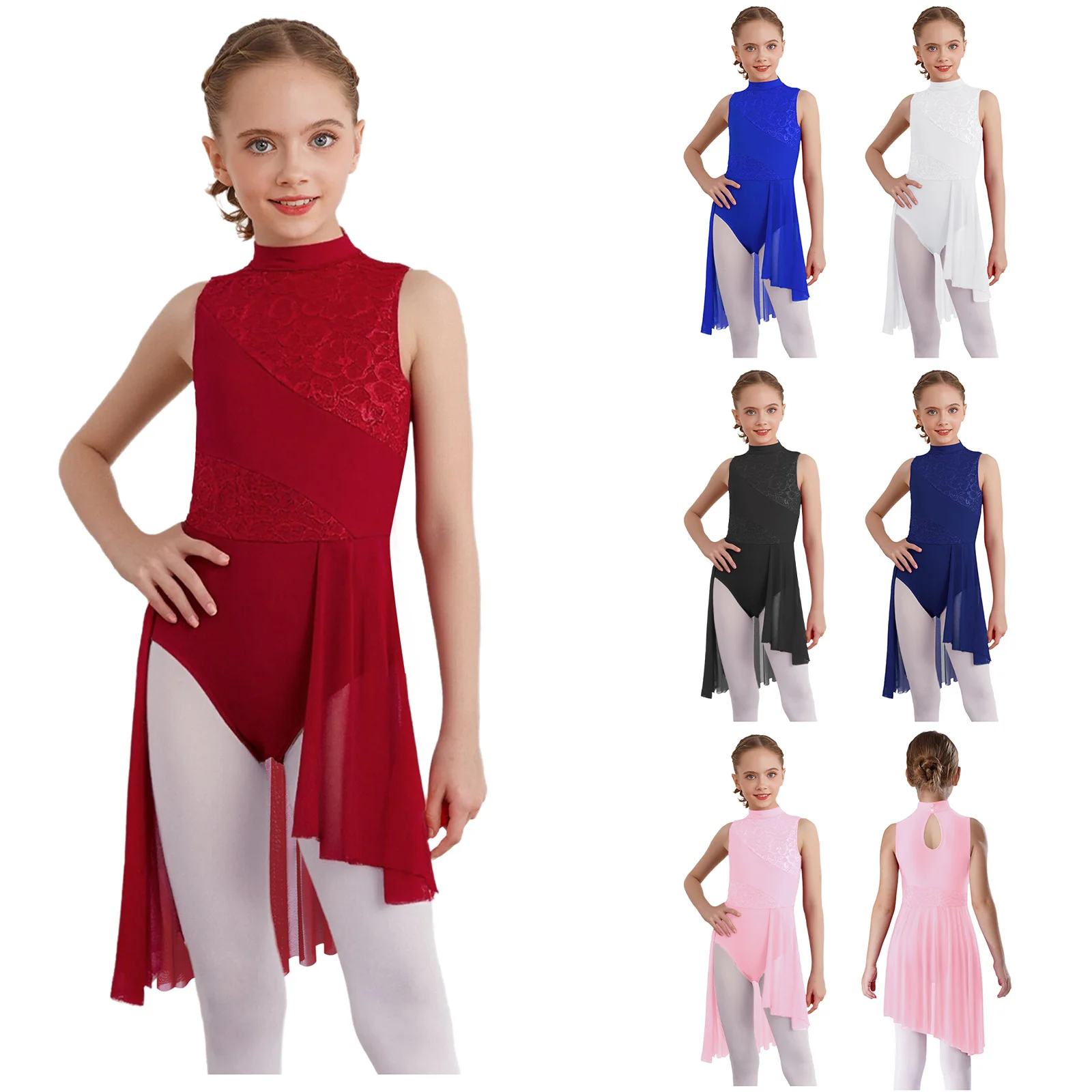 Meisje moderne lyrische balletdansjurk mouwloos bloemenkant pure mesh kunstschaatsen gymnastiek turnpakje hedendaagse danskleding