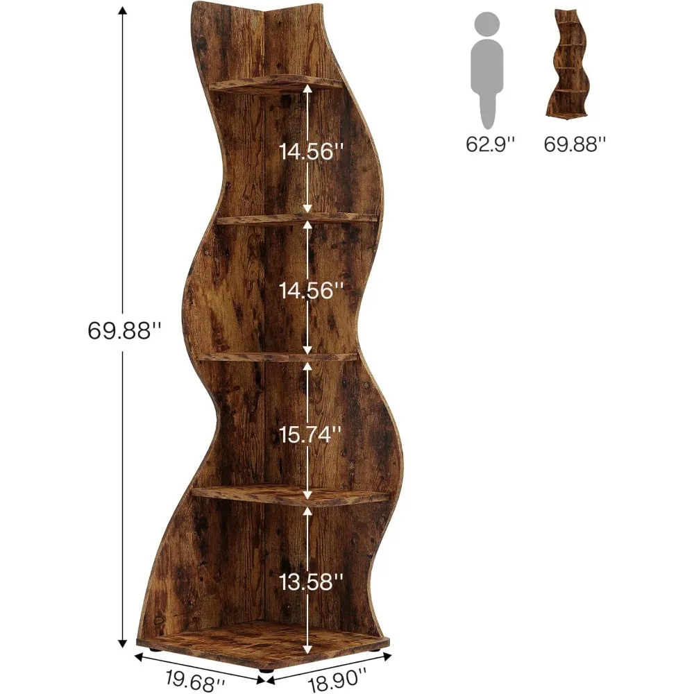 Corner Shelf, Rustic 5-Tier Wall Corner Bookshelf, Stylish Corner Small Bookcase Storage Rack Plant Stand with Unique v