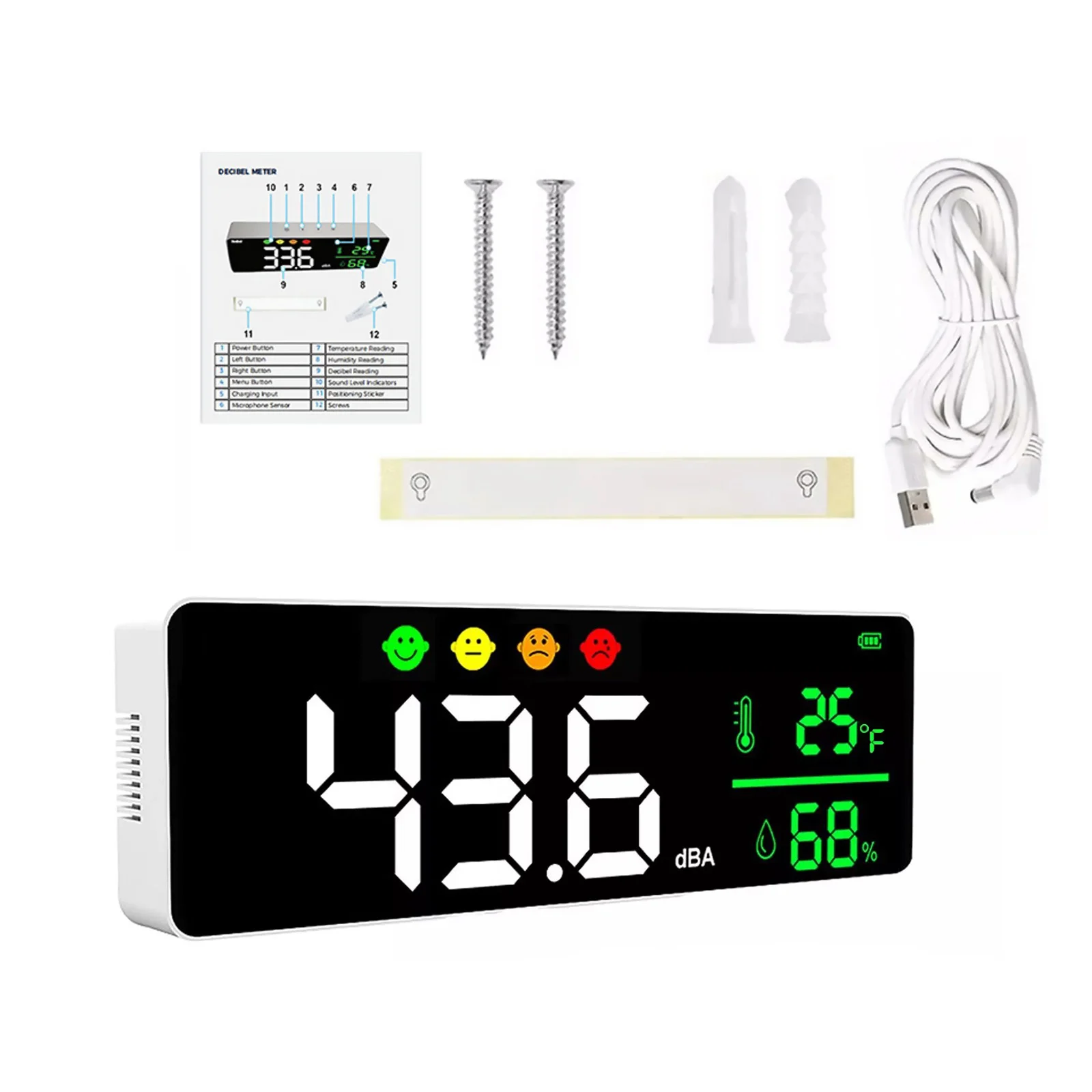 11-inch LED Display Screem Wall Mounted Noise Detector Decibel Meter 30‑130dB Sound Level Meter DC 5V Noise Decibel Meter