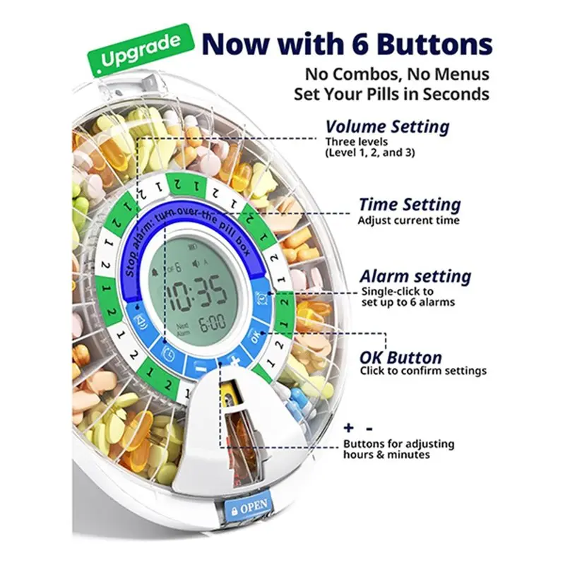 Alarms& Light Reminder, 28-Slot Automatic Pill Dispenser For Elderly- Key-Lock, Mix-Proof Design, XL Display
