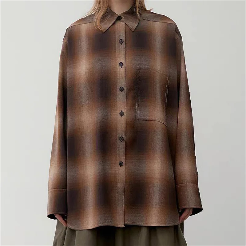 Women shirts 2025 Spring New in Gradient Checkered Women's Long Sleeve Top High quality pure cotton Women's blouse y2k Thin coat