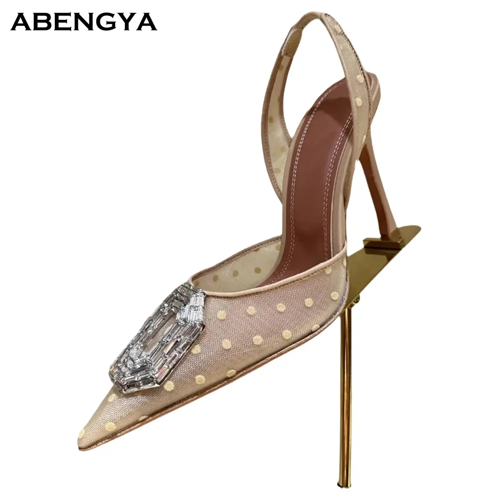 2026 Air Mesh Crystal High Heel Shoes Woman Pointy Toe Slingbacks Mules Dress Shoes Summer Fashion Party Banquet Shoes For Women