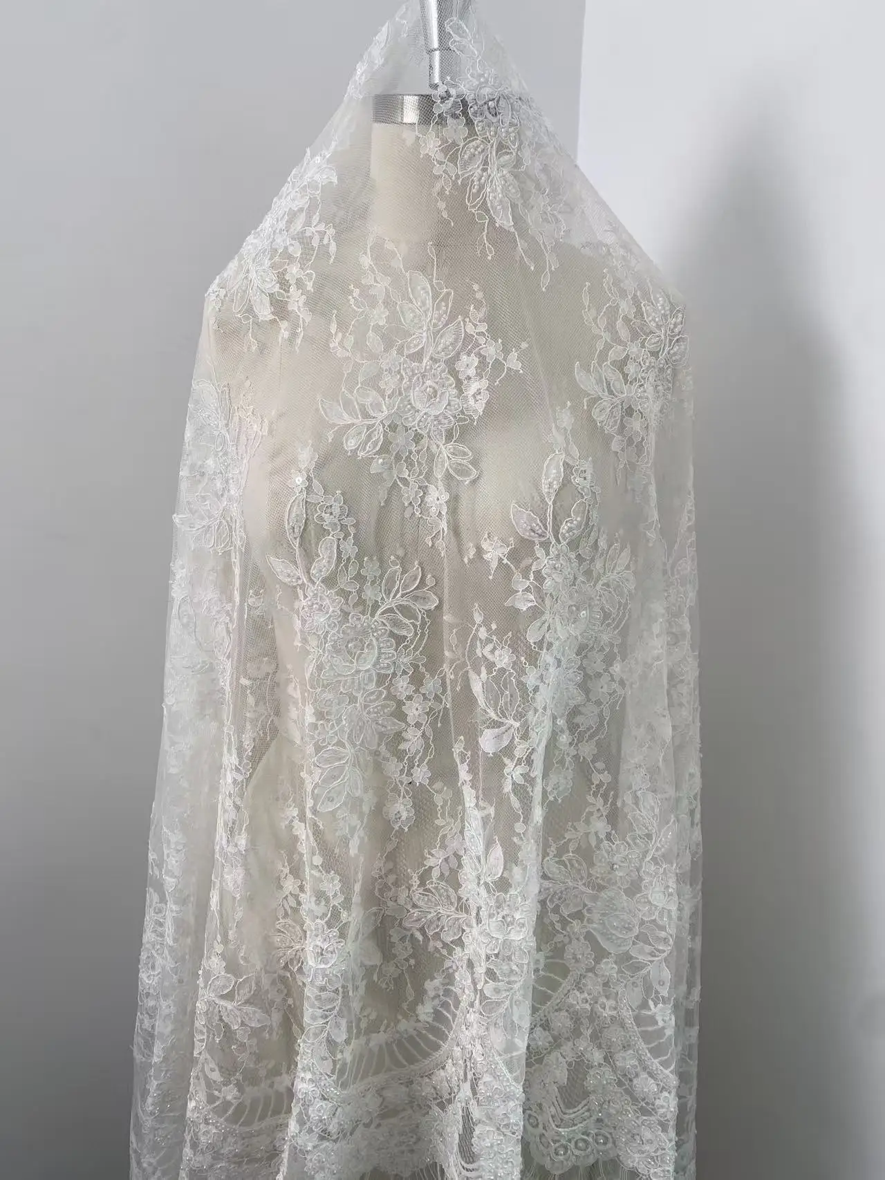 Ivory Beaded Floral Lace Fabric with Pearls Corded Embroidered and Sequined Tulle Mesh for Bridal Dress