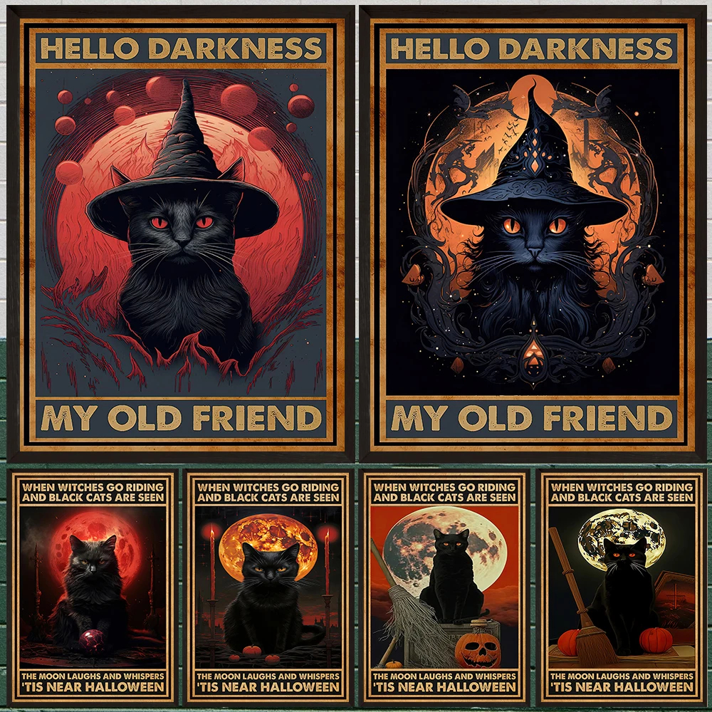 

Full Moon And Black Cat Wizard,Fun Gothic Dark Art Poster And Print,Black Cat Hello Darkness,Vintage Wall Art Canvas Print Decor