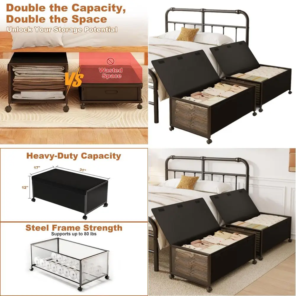 

2-Piece Underbed Storage Set, 12 Tall Shoe Organizer, 31 Long Rolling Clothes Drawers with Lid, Black