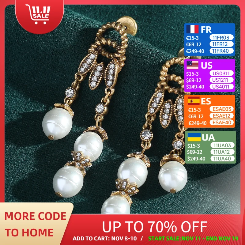 

Vintage Baroque Pearl Earrings Freshwater Tassel Drop Rhinestones Antique Gold Color Luxury Quality Jewelry Retro Accessories