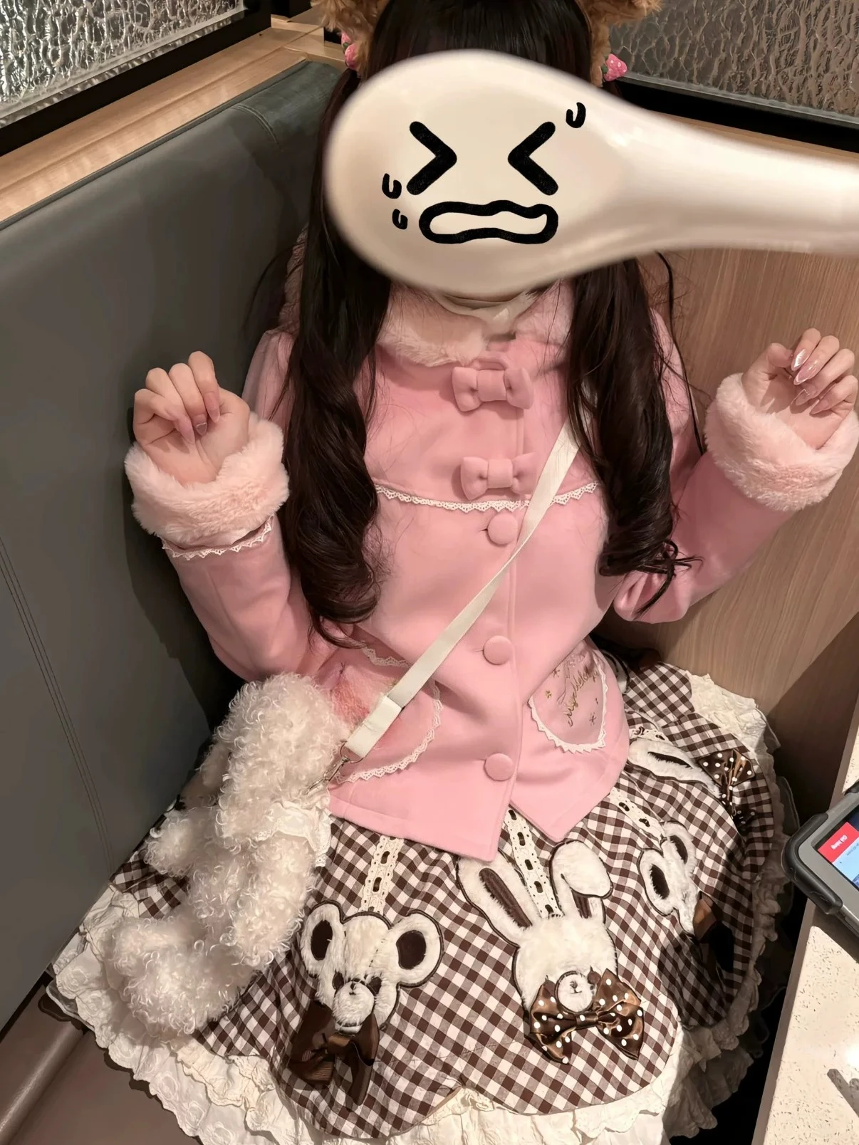 2026 Autumn and Winter Girl Coats Pink Plush Cute Warm Jacket Bow Rabbit Ear Hooded Short Thickened Woolen Coat Women