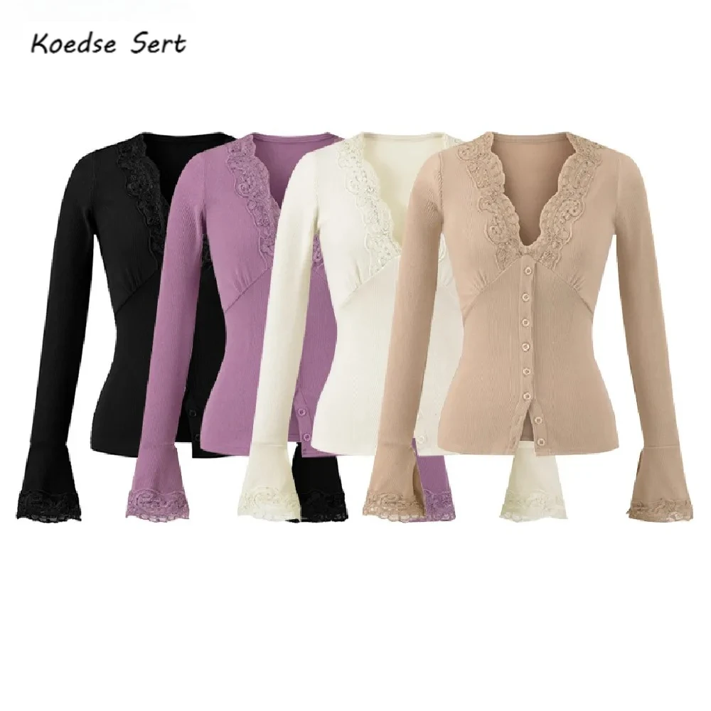 

4 цвета 2025 Осенние футболки с v-образным вырезом и длинными расклешенными рукавами в рубчик, женские футболки с открытыми пуговицами и разрезом подол, тонкая футболка, узкая блузка, топы