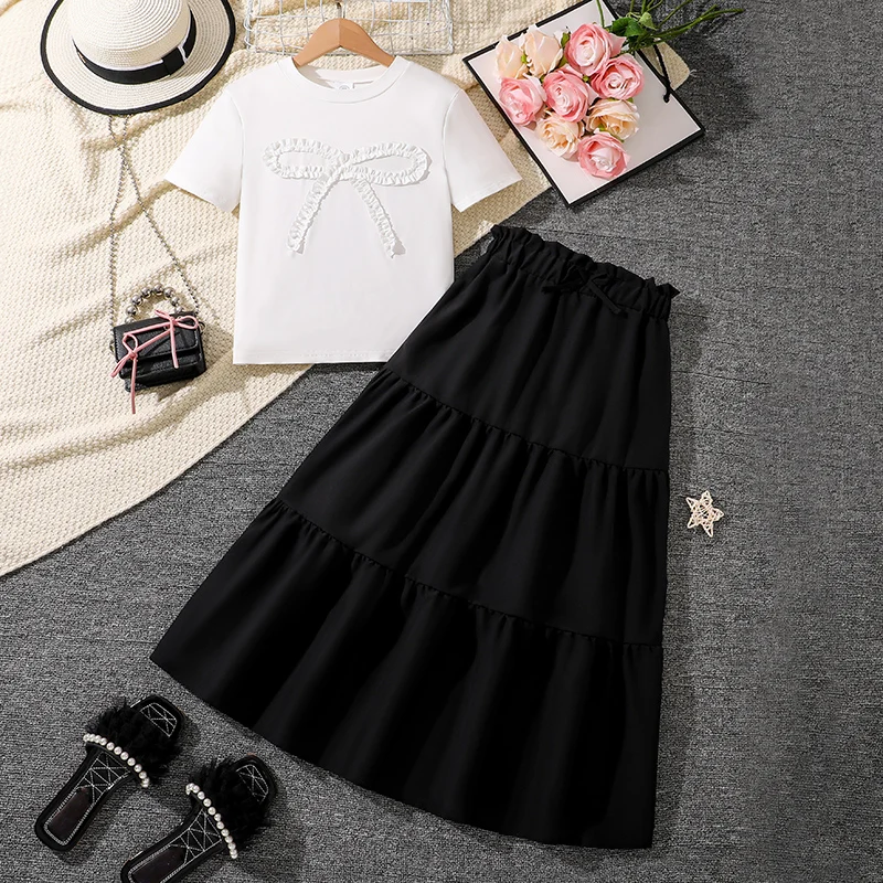 Girls Outfit White Bowknot Trim T-shirt & Solid Black Frill Decor A-line Skirt Girls Suits OOTD Trendy Sets