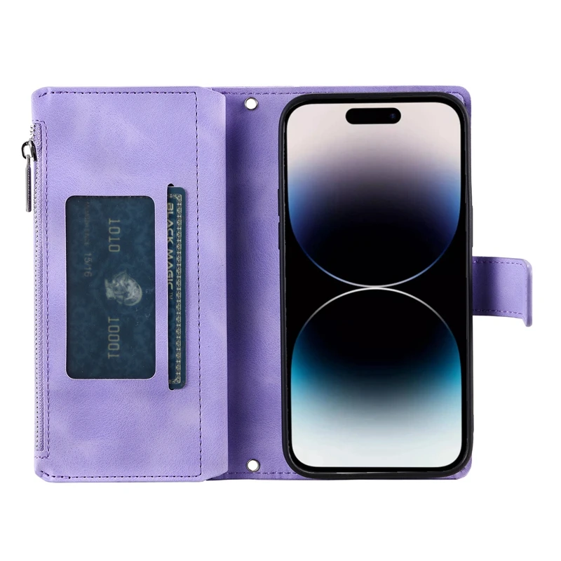 Funda de lujo tipo cartera con cremallera para iPhone 14 15 16 17 Pro Max Air 16E 13 12 11 Pro XR XS 7 8 SE, cuero en relieve con ranuras para tarjetas 4