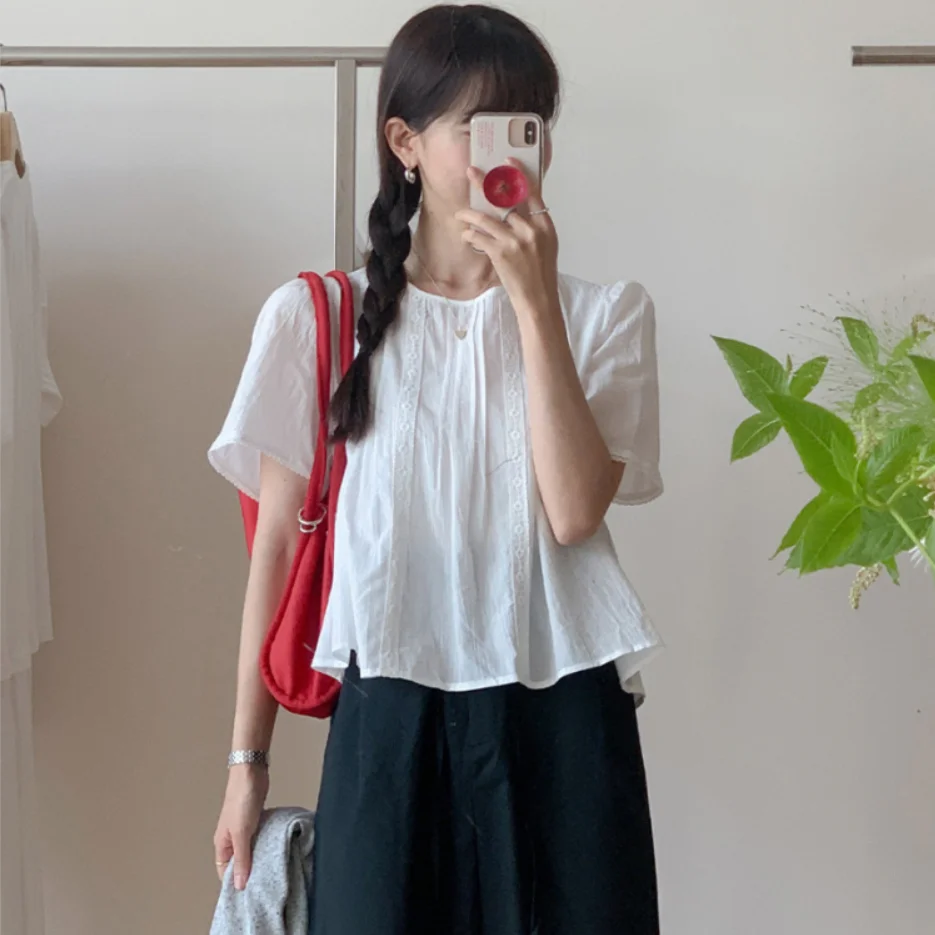 

Romantic Lace Short Sleeve Doll Shirt Women's Fashion Romantic Patchwork Gentle Style Spring Summer Cotton Polyester Blend