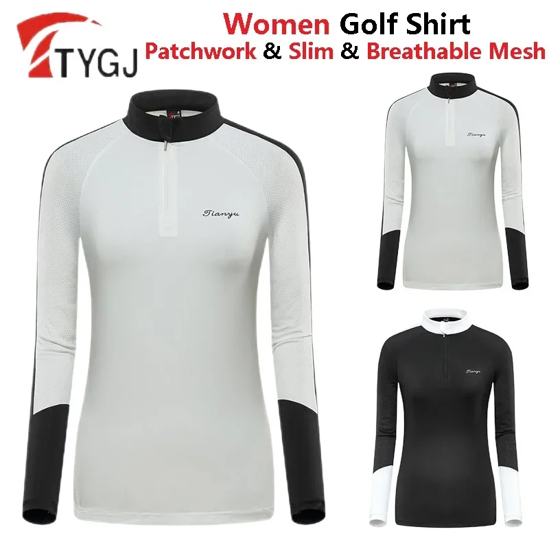 

TTYGJ Female Breathable Mesh Golf Shirt Women Patchwork Long Sleeve Tops Ladies Sunscreen Anti-sweat Sport Blouse Golf Wear