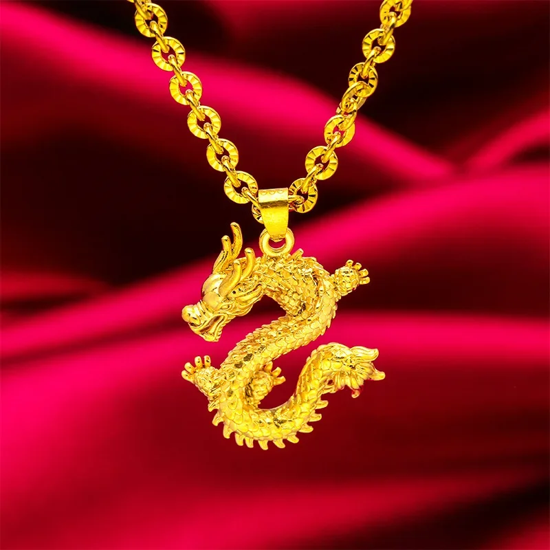 Copy Real Gold 18K Color  Dragon Year Necklace Sand Gold Men'S Domineering Chain Wholesale O-Shaped Dragon Necklace