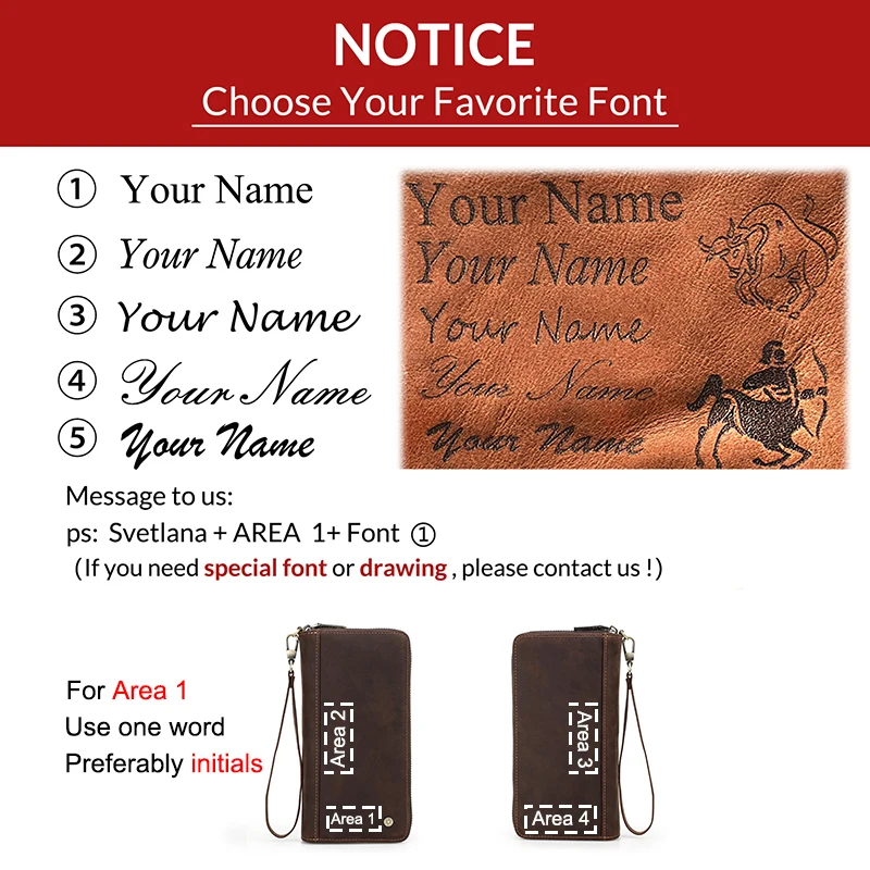 Cow Leather Name Engraving Wallet Men Clutch Bag Zipper Male Phone Purse Coin Pocket Card Holder Leather Clutch Wallets Handbags