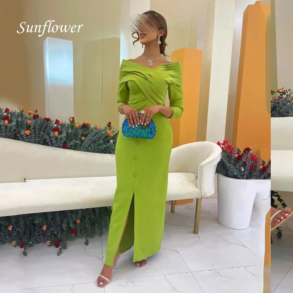 

Sunflower Wedding Party Women Wear Dress Ruched Off Shoulder Prom Dresses Long Sleeves Buttons Front Slit Vestidos De Gala