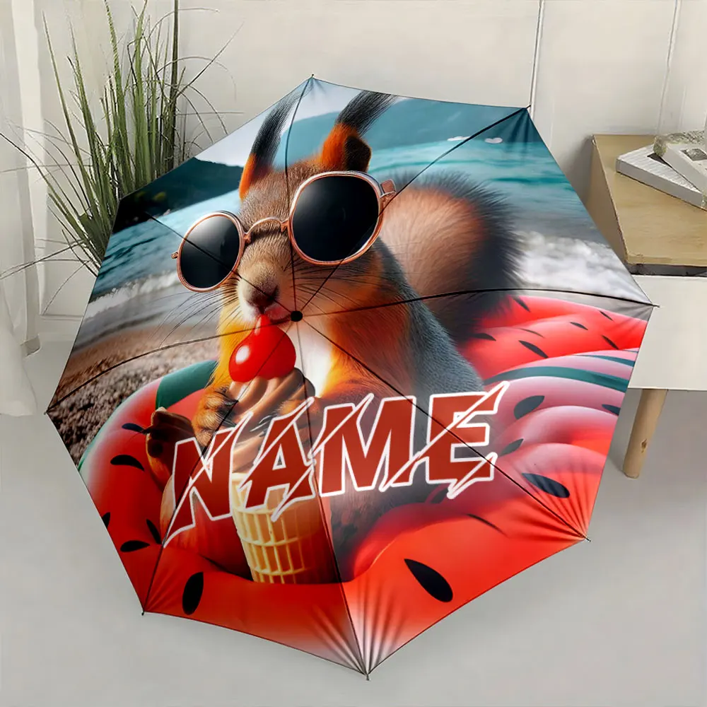 Custom Name Umbrella,Cool Squirrel with Sunglasses Eating Ice Cream on Beach Umbrella Folding Umbrella for Sunny and Rainy,Gift