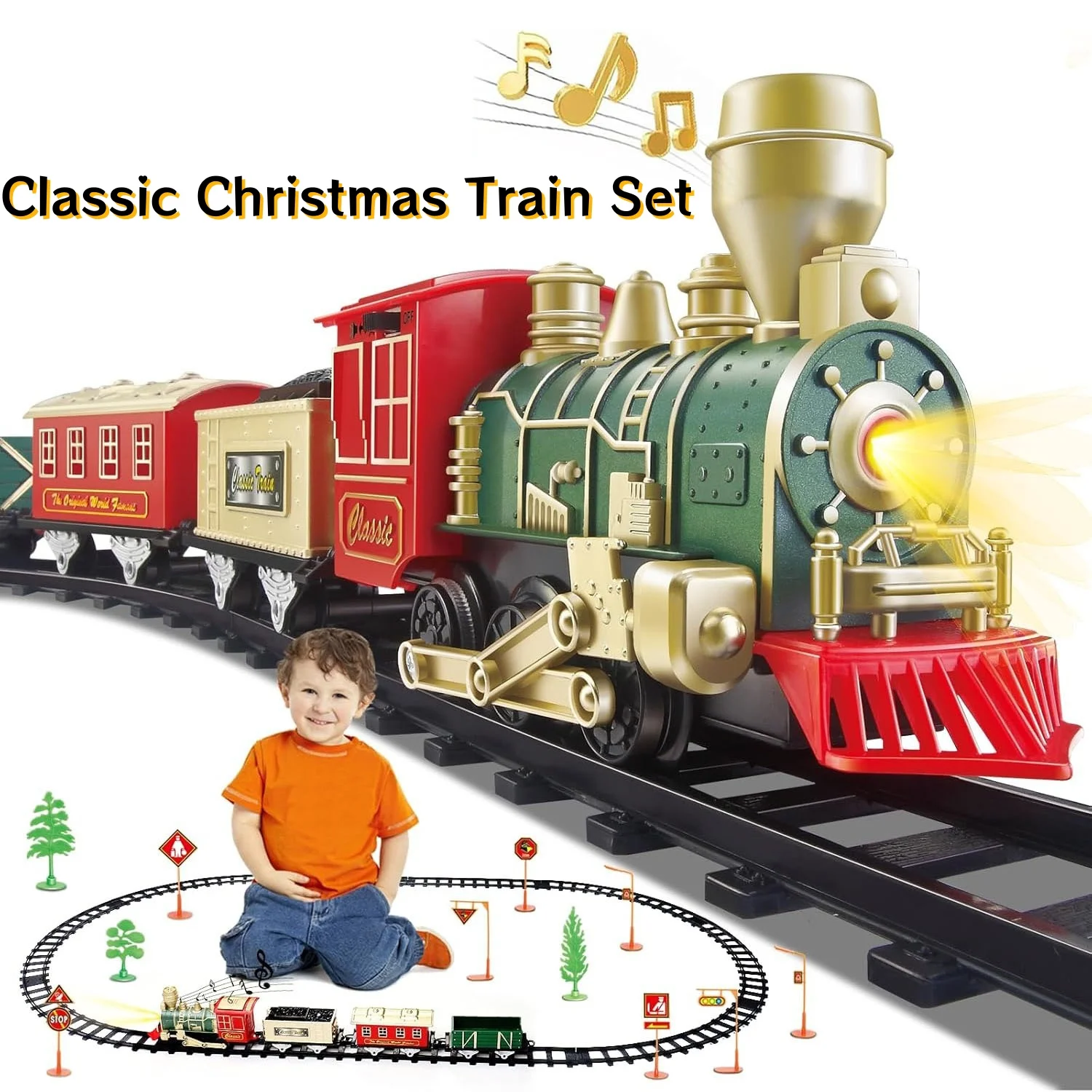 Juego de tren eléctrico para niños, tren de juguete con pilas y luces y sonidos, juego de tren clásico para alrededor del árbol de Navidad