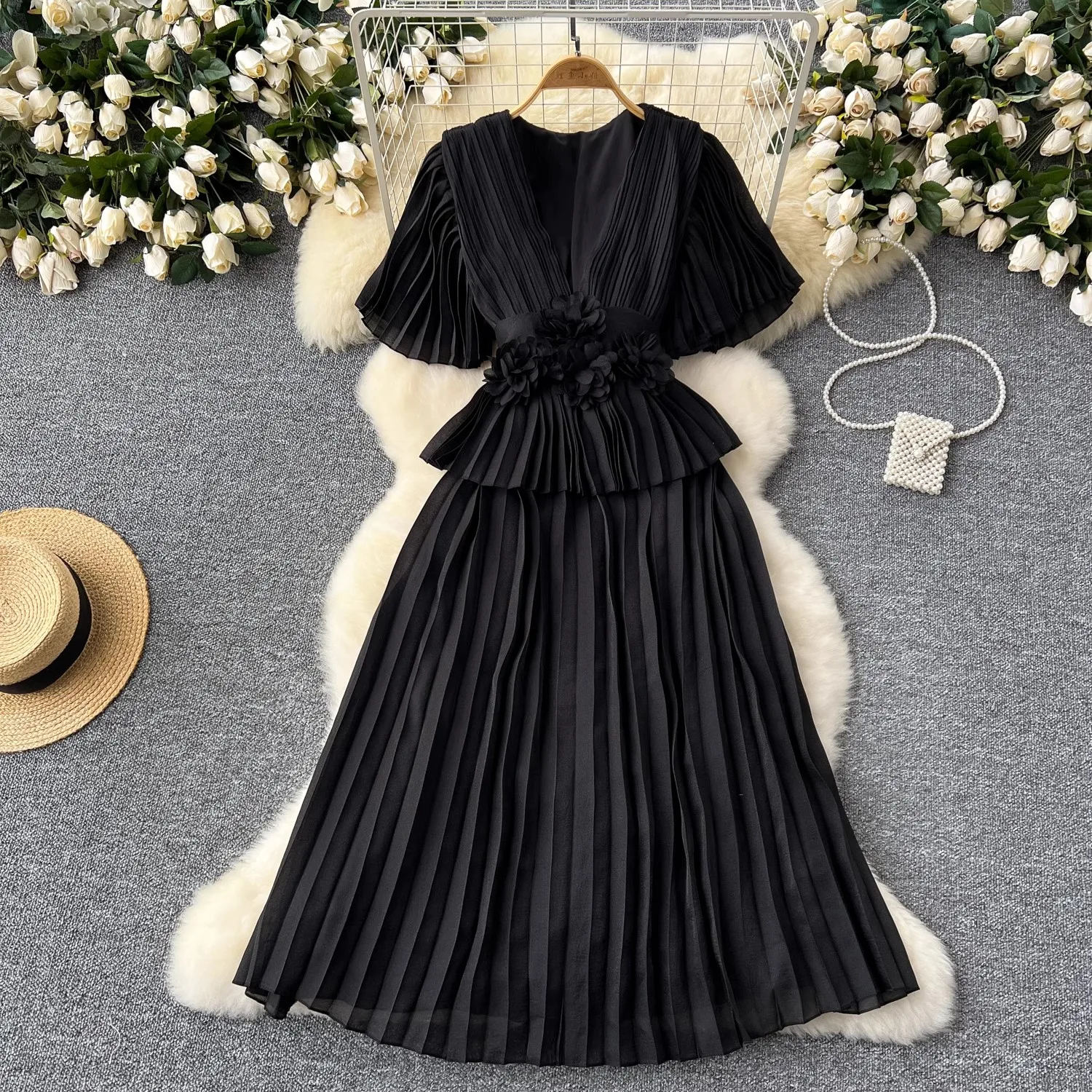 French Vintage Women V Neck Pleated Dress Summer Yellow Chiffon Flare Sleeve 3D Flower Waist Lace Up Belt Holiday Midi Vestidos